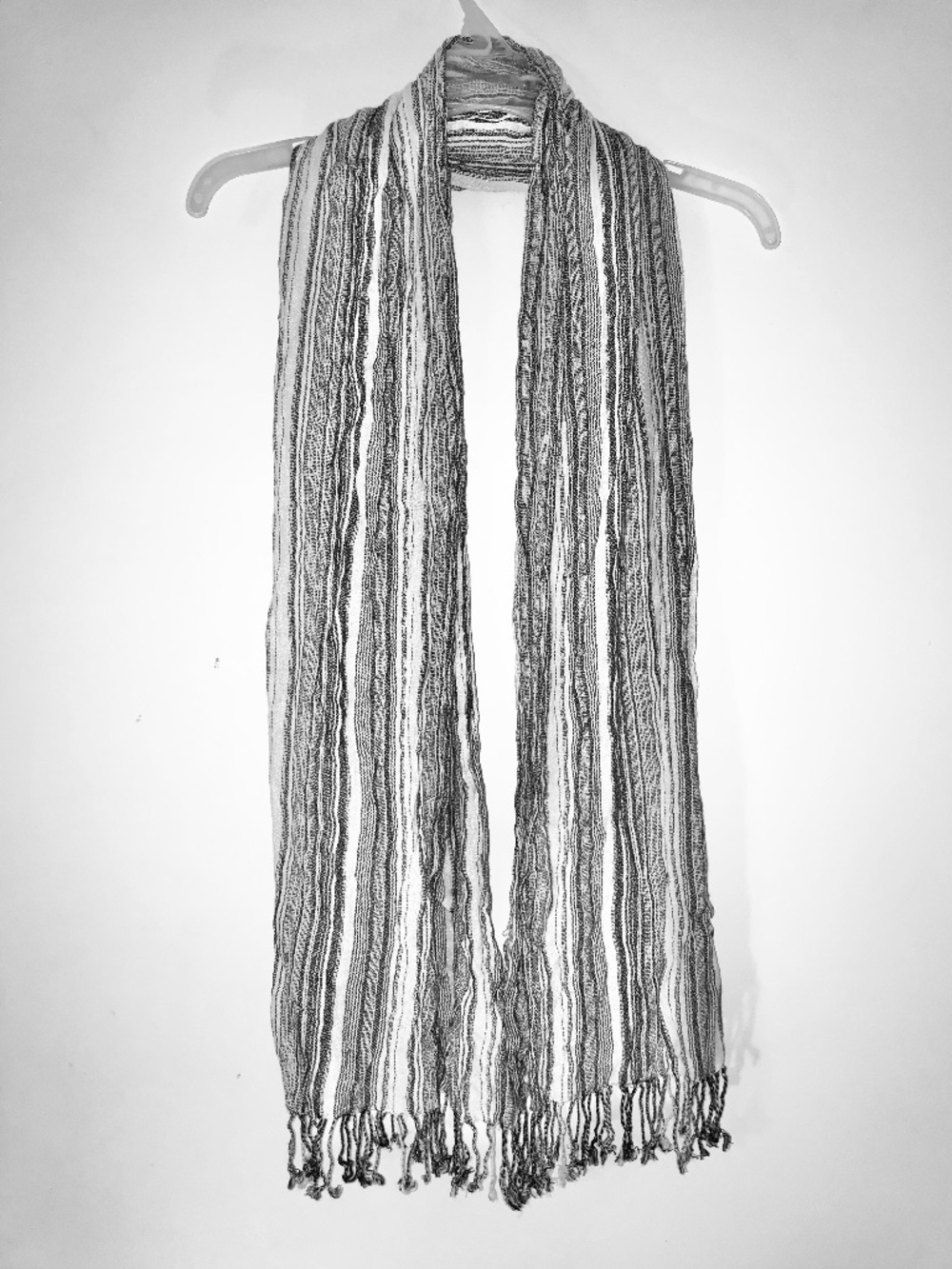 Black & White Striped Lightweight Fringe Scarf 67" Chic Monochromatic Wrap